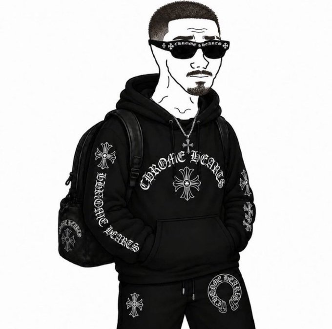 A black-and-white illustration of a man in sunglasses, a hoodie, and a backpack, with “CHROME HEARTS” and cross motifs printed on his clothing and accessories. The all-black luxury streetwear fits the “Average crypto bro:” caption as a stylized joke about crypto culture and conspicuous designer fashion.