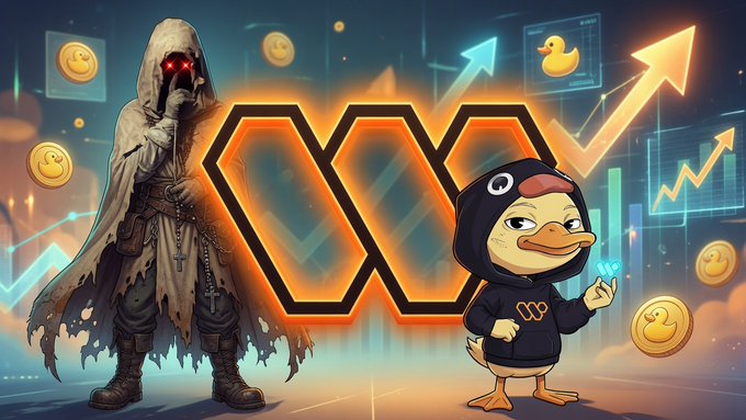 A meme-style image features a hooded grim reaper figure with glowing red eyes standing next to a cartoon duck character in a black hoodie, set against a background with crypto-related graphics, rising arrows, and a large orange logo. The scene suggests a bullish crypto narrative with playful and ominous elements.