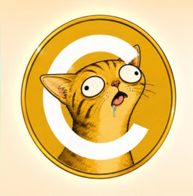 A cartoon illustration of a wide-eyed orange tabby cat with a drooling expression inside a golden coin with a white 'C'.