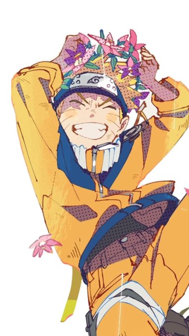 Anime-style artwork of Naruto Uzumaki wearing a floral crown, stretching his arms upward with a big cheerful smile, dressed in his signature orange and blue jacket.