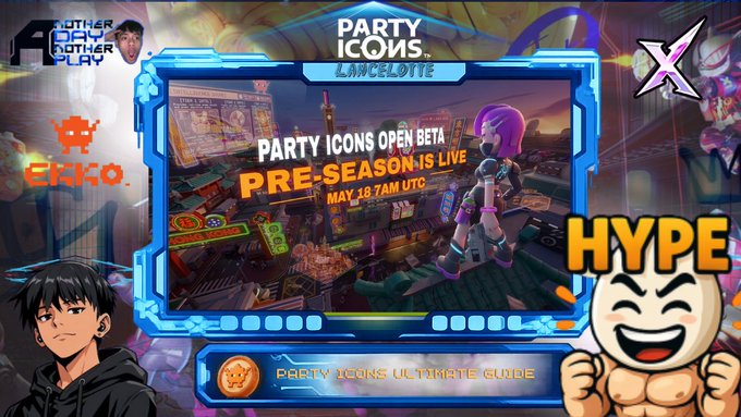 The image features a poster for a video game called "Party Icons Open beta". The poster includes an illustration of a cityscape with buildings, cars, and people. There are also two cartoon characters present in the scene - one on the left side and another on the right side. The text on the poster reads: "THE ULTIMATE EASY GUIDE TO @PartyIconsOGX You don' t want to be stuck grinding with nothing to show for it? Read this Meet @PartyIconsOGX A free-to-play third-person web3 shooter extraction game powered by @Ronin_Network You drop into a map. You loot. You fight." The poster also includes an image of the character "@PartyIconsOGX" and a link to the game's website, which is listed as the "Ultimate EASY GUIDE TO @PartyIconsOGX".