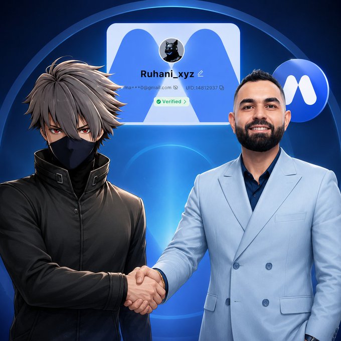 An anime-style masked character in black and a bearded man in a light blue blazer shake hands in front of a digital Mexc exchange profile card displaying "Ruhani_xyz" (UID:14812937) and a "Verified" badge. The image celebrates the user's support for MEXC exchange and its CEO @usithetalk, symbolizing trust and a partnership-like bond with the platform.