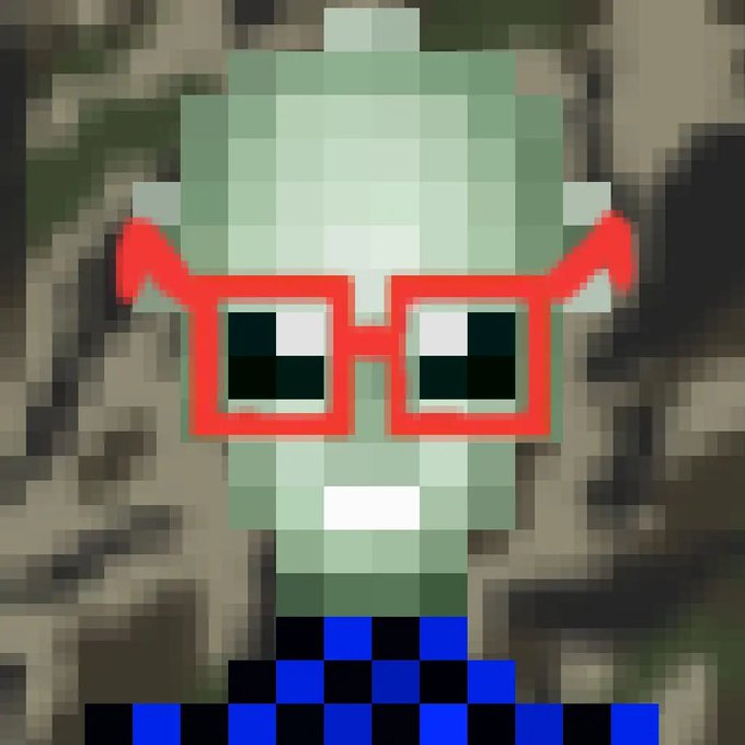 A pixel art character with a light green face, wearing large red square glasses and a blue checkered shirt, standing in front of a blurry stone-like background.