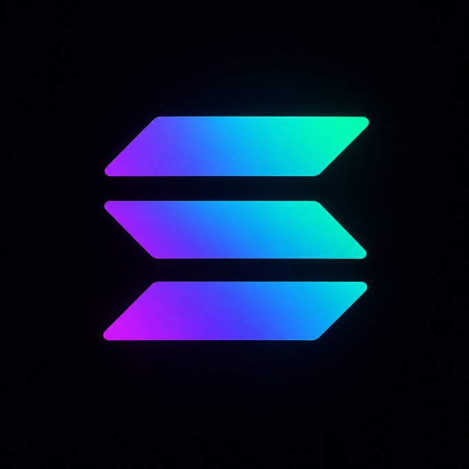 The Solana logo is displayed as a glowing gradient symbol in purple, blue, and green tones against a dark background.
