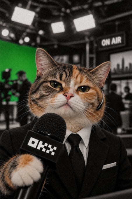 A photo of a calico cat wearing a black suit and tie, holding an "OKX" branded microphone in a studio setting with an "ON AIR" sign.