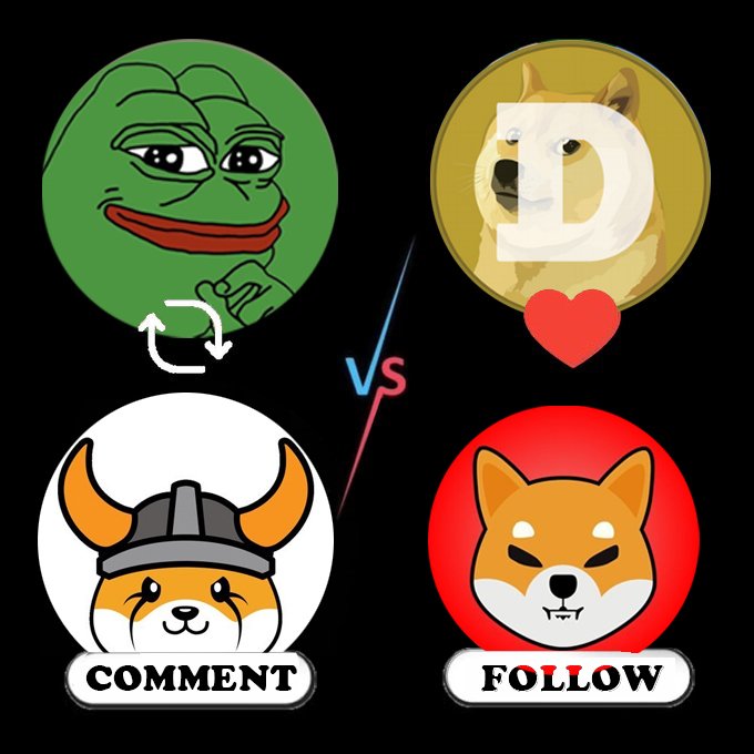 The image displays a "VS" matchup featuring four memecoin mascots: Pepe the Frog with a refresh/swap icon, Dogecoin's Shiba Inu with a heart, a horned Floki character labeled "COMMENT," and a Shiba Inu labeled "FOLLOW," visually representing the post's question comparing the strength of the $PEPE, $DOGE, #SHIB, and #FLOKI communities.