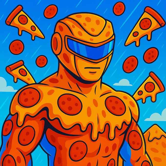 The image features a cartoon character, likely a superhero, wearing a helmet with pizza slices all over it. The character has a large body covered in melted cheese, giving them a unique appearance. The background of the image shows an array of pizza slices scattered around, indicating that this is part of a promotional campaign for a pizza-related product or service. The post also includes text about NFTs and a link to enter the giveaway.