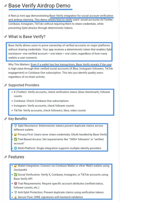 The image displays several text boxes containing information about the Base Verify app. The main content of these text boxes explains the features of the app that can be used for verifying user identity, such as checking social account balances, verifying account reputation, and participating in an ecosystem. There is also a focus on how the app can provide access to various sources like social media accounts and email addresses, which are crucial aspects when it comes to maintaining privacy or ensuring the security of online transactions.