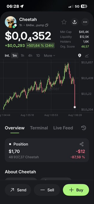 A cryptocurrency trading app screenshot showing the 'Cheetah' token (address ending in 'pump') at a price of $0.04352, with a +501.64% gain in 24 hours and a price chart indicating a recent sharp decline.