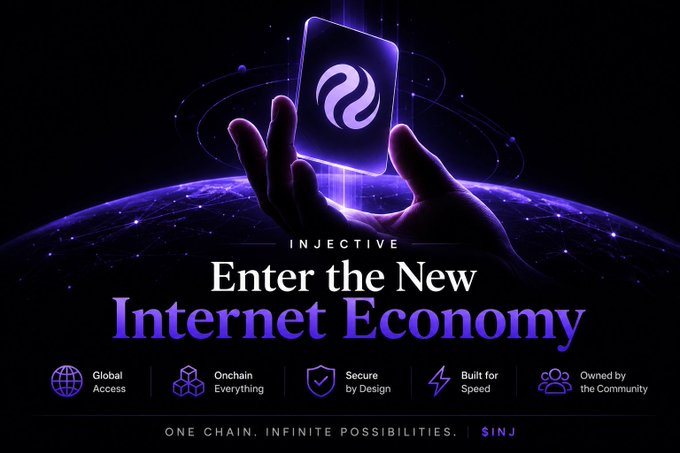 An Injective promotional graphic featuring a glowing card held over a digital Earth, with text reading 'Enter the New Internet Economy' and features including 'Global Access', 'Onchain Everything', 'Secure by Design', 'Built for Speed', 'Owned by the Community', tagged with '$INJ'.