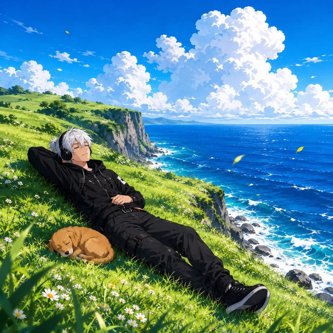 An anime-style illustration of a young man with white hair wearing headphones, lying relaxed in a grassy field with white flowers alongside a sleeping puppy, overlooking a bright blue ocean and cliffs under a cloudy sky.