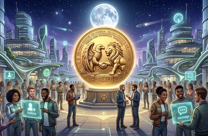 The image features a group of people standing around a large golden coin with an eagle and lion design on top, surrounded by futuristic buildings and city lights. The caption for this image reads "Communities are not built in a day. Trust is not earned overnight. But every message, every follow, and every supporter brings us one step closer."