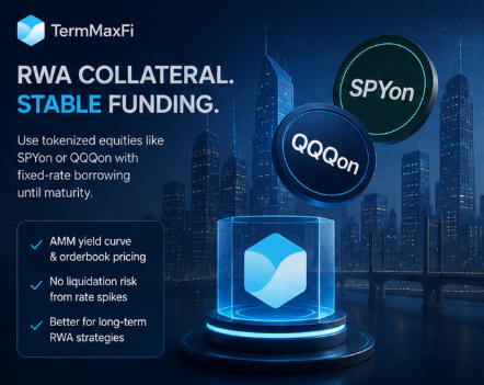 The image features a cityscape with tall buildings at night, creating an urban atmosphere. The text in the image reads "TermMaxFi RWA Collateral Stable Funding" and "AMM yield curve & orderbook pricing no Liquidation risk from rate spikes". This suggests that the image is related to the concept of stable funding for tokenized equities, possibly discussing how to manage the stability of funds when using tokens as collateral.