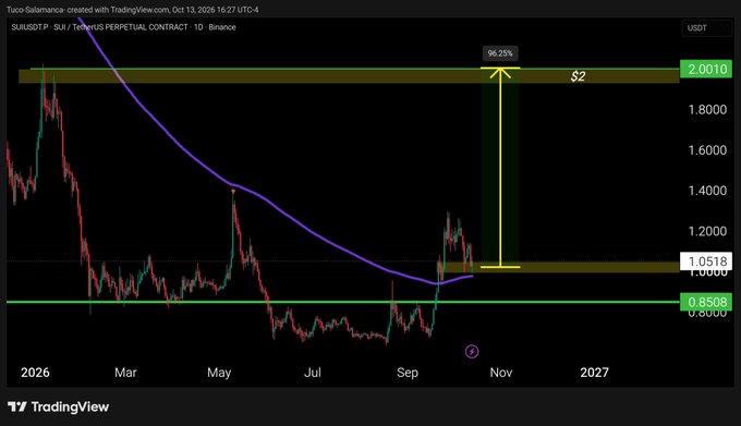 The image shows a TradingView chart of $SUI perpetual contract on Binance, with a purple trendline indicating a 96.25% gain from a low near $1.05 toward a resistance zone at $2.00, supporting the post's claim of promising upward momentum for the token.