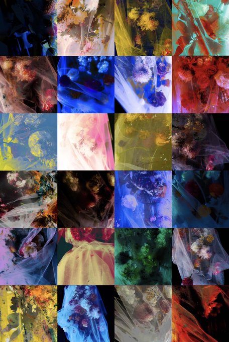 A grid of colorful, dreamlike images featuring floral and fabric elements with various vibrant hues including blue, red, yellow, and green.