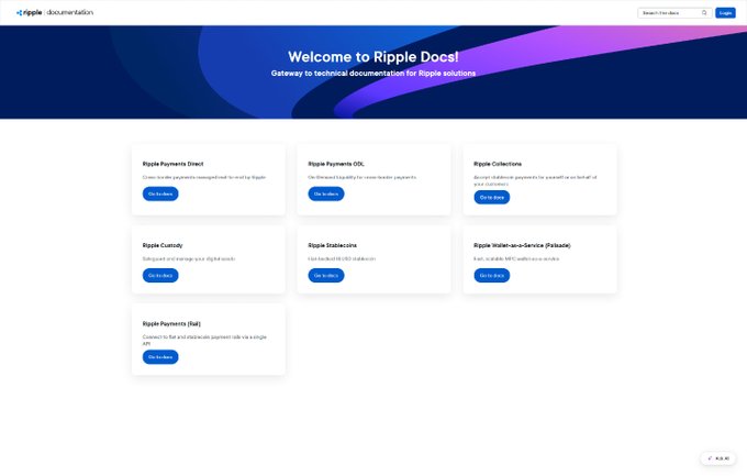 The image shows the Ripple Docs homepage with a "Welcome to Ripple Docs!" banner and product category cards including Ripple Payments Direct, Ripple Payments EOL, Ripple Collections, Ripple Custody, Ripple Stablecoin, and Ripple Wallets-as-a-Service (Private), directly illustrating the official documentation reference for Ripple Payments Direct's cross-border transfer and XRP bridge currency capabilities mentioned in the post.