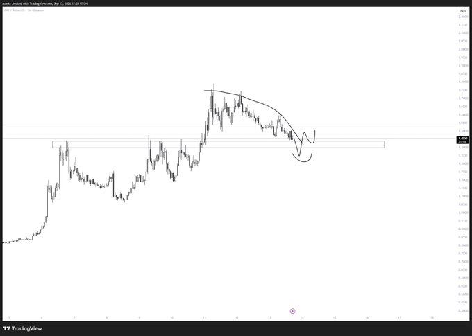 A TradingView price chart of $RAY (Raydium) on the SOL/USDT pair from December 2024, showing price action around the 3.55 level with a hand-drawn curved arc highlighting a recent downtrend from the highs, corresponding to the post's discussion of selling recent highs and waiting for a potential bounce trigger.