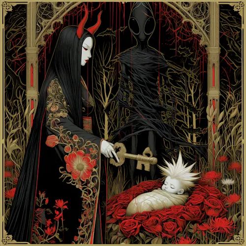 A gothic illustration featuring a horned woman in an ornate black kimono holding a large key, with a dark shadowy figure, a sleeping pale baby among red flowers, and intricate gold and red backgrounds.