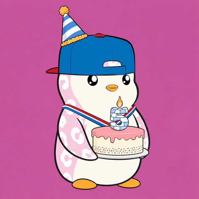 Cartoon illustration of a penguin character wearing a blue cap, leopard print outfit, and a party hat, holding a pink birthday cake with a number 5 candle.