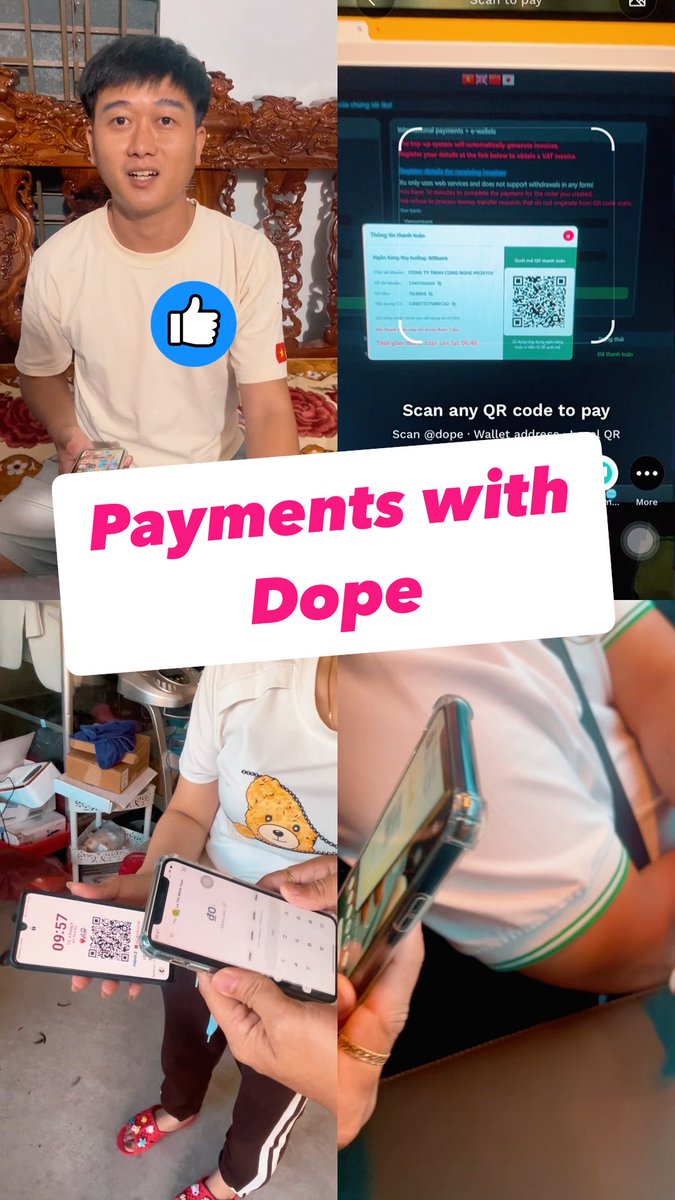 A collage titled 'Payments with Dope' in pink text shows multiple scenes of a man displaying QR codes on his phone for digital wallet transactions.