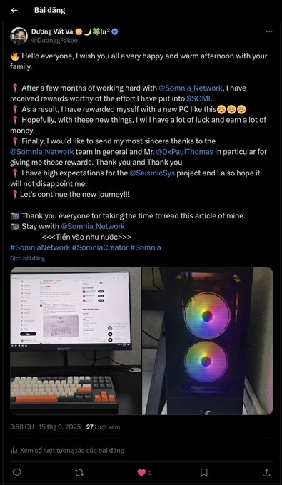 A Facebook post by Dương Vật Vã (@DuongBakee) in Vietnamese thanking @Somnia.Network for rewarding him with a new PC setup, displayed in photos showing a monitor with RGB fans and a mechanical keyboard.