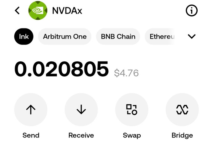 A cryptocurrency wallet app screen displays a balance of 0.020805 tokens valued at $4.76, showing chain options including Ink, Arbitrum One, BNB Chain, and Ethereum, with buttons for Send, Receive, Swap, and Bridge.