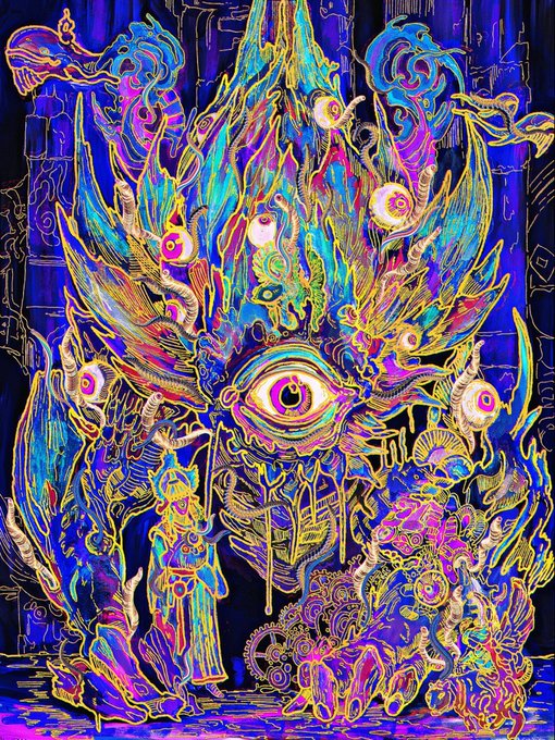 A vibrant, intricate psychedelic digital artwork dominated by neon blues, purples, and yellows, featuring multiple eyes, mythical creatures, and ornate patterns.