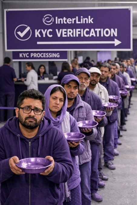 A line of people in purple clothing hold out empty purple bowls beneath signs reading "InterLink KYC VERIFICATION" and "KYC PROCESSING," visually symbolizing the slow, frustrating wait users face when completing KYC requirements on the platform. The image serves as a striking metaphor for the hunger and impatience users feel while waiting in long queues for their verification to be processed.
