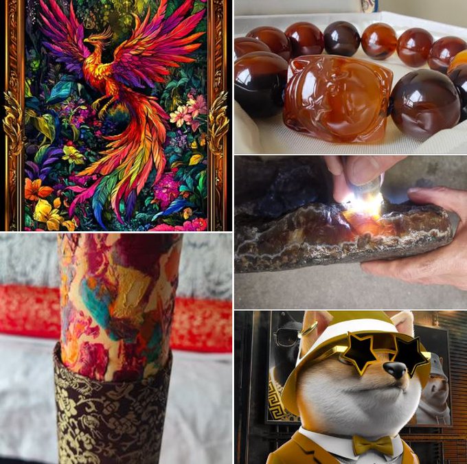 A collage of four images: a vibrant colorful phoenix artwork in a gold frame, polished amber/red beads with a carved Buddha pendant, a colorful patterned candle in a decorative holder, hands examining an agate slice, and a Shiba Inu dog wearing gold star-shaped glasses and a yellow outfit.