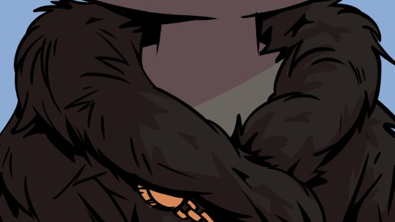 A close-up digital illustration of a dark, furry character's face with crossed arms, possibly from a video game or animation.