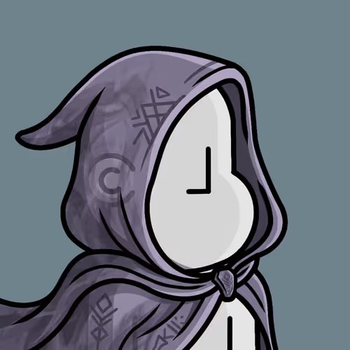 A hooded figure in a purple cloak with mystical runic symbols on the fabric is depicted in a stylized cartoon art style. The image's mysterious, powerful aesthetic reinforces the post's claim about "Hex" being a rare and valuable trait on NPC Onchain, with the cloaked character symbolizing the exclusive and elusive nature of the achievement.