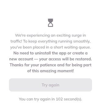 A waiting queue message displays "Try again" with "102 second(s)" countdown, indicating high traffic. This relates to the post about Pi Network's Mainnet launch, as pioneers are likely experiencing this waiting screen while trying to access the platform during the surge in demand.