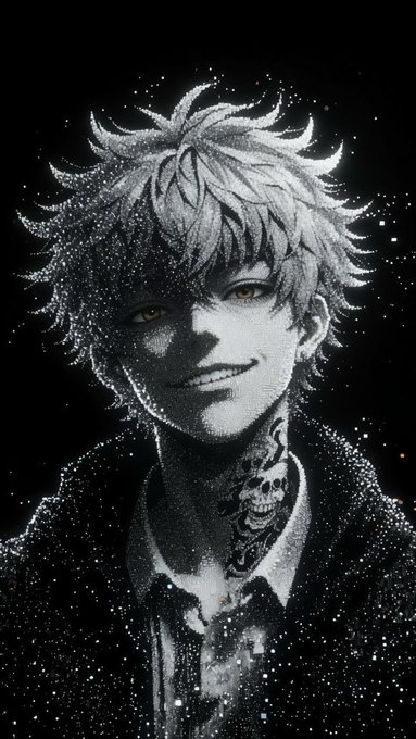 A black and white anime-style illustration of a smiling young man with spiky hair, a skull tattoo on his neck, set against a dark, starry background.