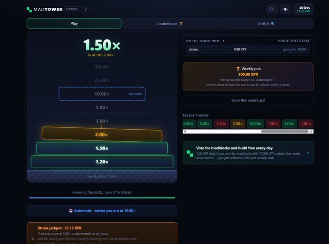A screenshot of the MADTOWER game interface shows a 'Play' section with a 1.50x multiplier and a ladder of possible payouts up to 100.00x, alongside a weekly pot of 300.00 XPR.