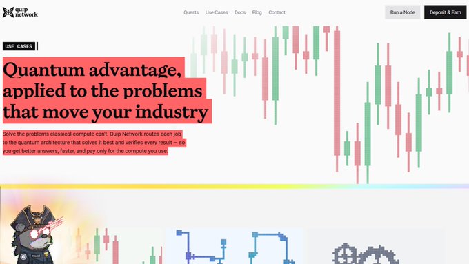 The image shows a website called Quip Network, which appears to be an online marketplace for buying and selling stocks. The website has a white background with red text that reads "Quantum advantage, applied to the problems that move your industry". This suggests that the platform is designed to help businesses optimize their stock trading strategies by providing real-time data analysis and insights into market trends.

The image also features a cartoon character of a man holding a computer mouse, which adds a playful touch to the website's design. The overall layout and content of the image convey the idea that Quip Network is a valuable tool for businesses looking to improve their stock trading operations by leveraging cutting-edge technology and data analysis capabilities.