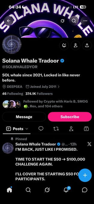 Another screenshot of the same 'Solana Whale Tradoor' (@SOLWHALEDYOR) Twitter profile, showing 46 following and 374.1K followers with the same pinned tweet about a $50 to $100,000 challenge.