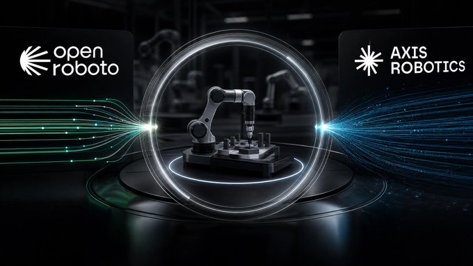 A graphic shows a robotic arm inside a glowing circle, with 'open roboto' on the left and 'AXIS ROBOTICS' on the right, connected by streams of light.
