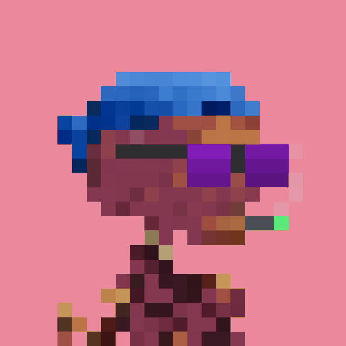 A low-resolution pixelated portrait of a character with a blue cap and goggles against a pink background, resembling a retro video game aesthetic.