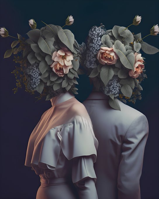 A surreal portrait of two figures facing away, their heads replaced by large bouquets of pale pink roses, white flowers, and green leaves, wearing elegant light-colored clothing.
