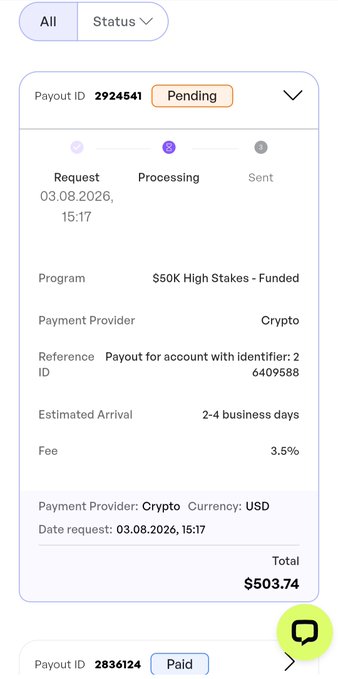 A mobile app screenshot showing a 'Pending' payout of $503.74 from a '$50K High Stakes - Funded' program via Crypto, with a 3.5% fee and 2-4 business days estimated arrival.