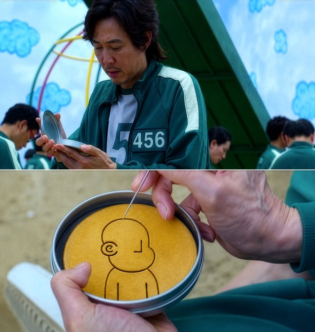 Player 456 from Squid Game carefully carves out a cookie featuring the iconic shape (circle, triangle, star, or umbrella) without breaking it, referencing the NPC memecoin's branding. The image ties into the post's play on "NPC" characters, with the challenge symbolizing a test of skill for true players.