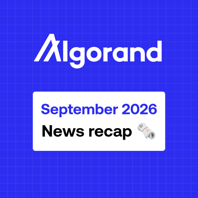 The image features the Algorand logo prominently displayed against a blue grid background, with a white card below reading "September 2026 News recap" accompanied by a newspaper emoji. It serves as a header graphic for the post announcing Algorand's monthly news summary, which highlights the appointment of new CEO William Herkelrath.