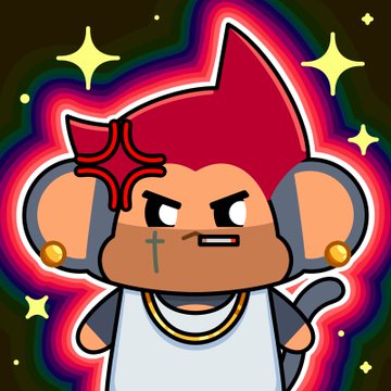A cartoon monkey character with red spiky hair looking annoyed, featuring an anger symbol above its head, set against a colorful rainbow-burst background with stars.
