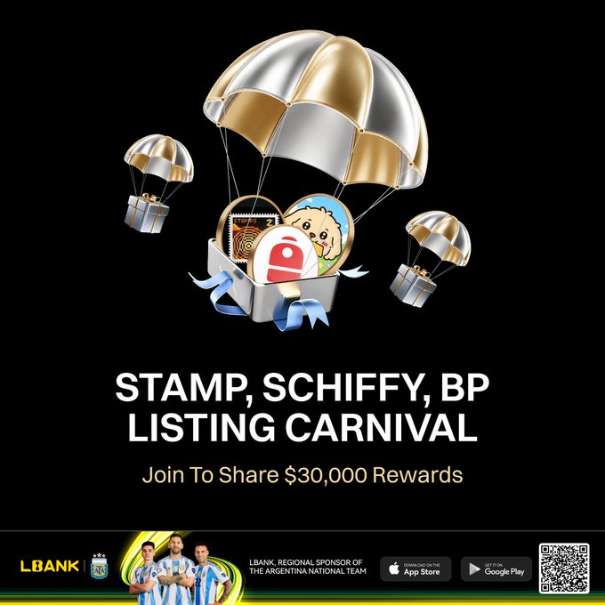A promotional graphic for LBank's "Stamp, Schiffy, BP Listing Carnival" features golden parachutes descending with the three token logos, offering "$30,000 in Rewards" to be shared, with LBank highlighted as the regional sponsor of the Argentina National Team alongside App Store and Google Play download links.