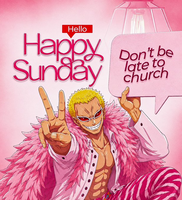 An anime-style illustration of a muscular blonde character in a pink feather boa and sunglasses making a peace sign, with text bubbles saying 'Hello Happy Sunday' and 'Don't be late to church'.