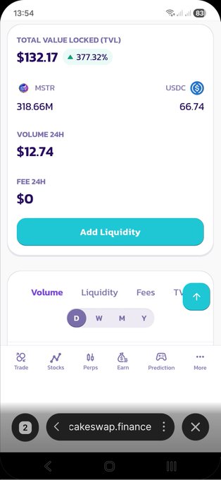 An image of a cellphone screen displaying a table with currency conversion information, including symbols for Bitcoin and USDC. There are several buttons that relate to cryptocurrency exchanges like cakesweapfinance.