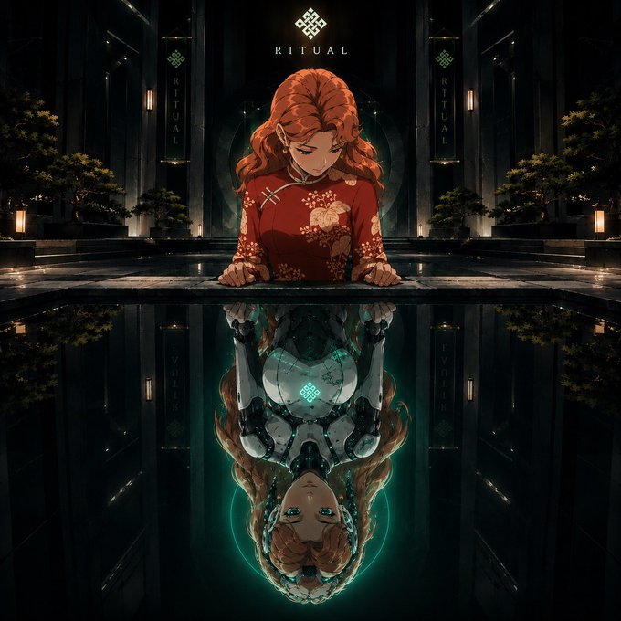 An anime-style woman with long auburn hair in a red floral kimono leans over a reflective surface, revealing her cybernetic/mechanized reflection beneath the words "RITUAL." The image ties to the post by visually representing the duality of a "Ritual Builder's" vision—where a traditional, human exterior is paired with a futuristic, technological inner self—symbolizing the brand's vision of merging humanity with advanced technology.
