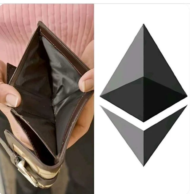 Split image showing an open empty black wallet held in hands on the left and the Ethereum cryptocurrency logo on the right.