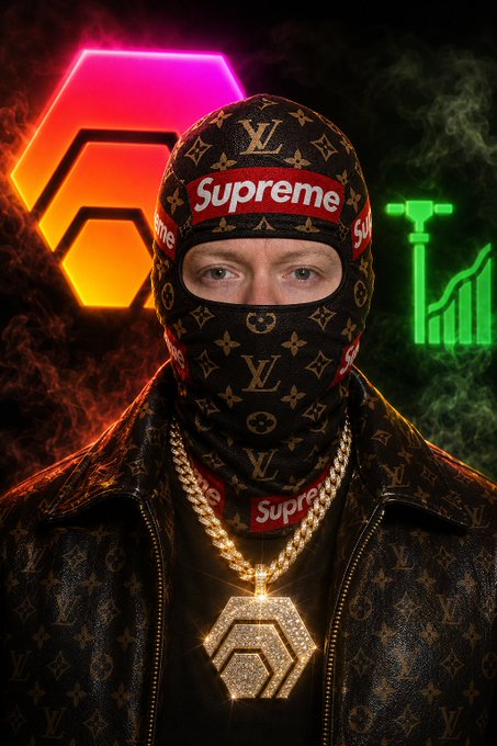 A person wearing a Louis Vuitton balaclava with 'Supreme' branding and gold chains is shown with a crypto logo and chart in the background.