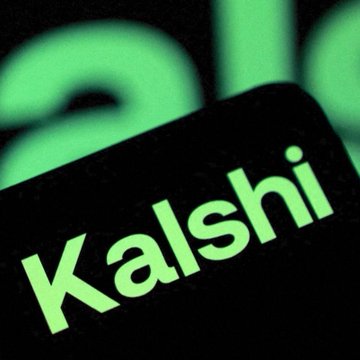 A glowing green "Kalshi" logo on a dark background accompanies the news that Kalshi has applied to the CFTC for perpetual futures contracts linked to individual U.S. stocks, alongside a similar move by Coinbase.